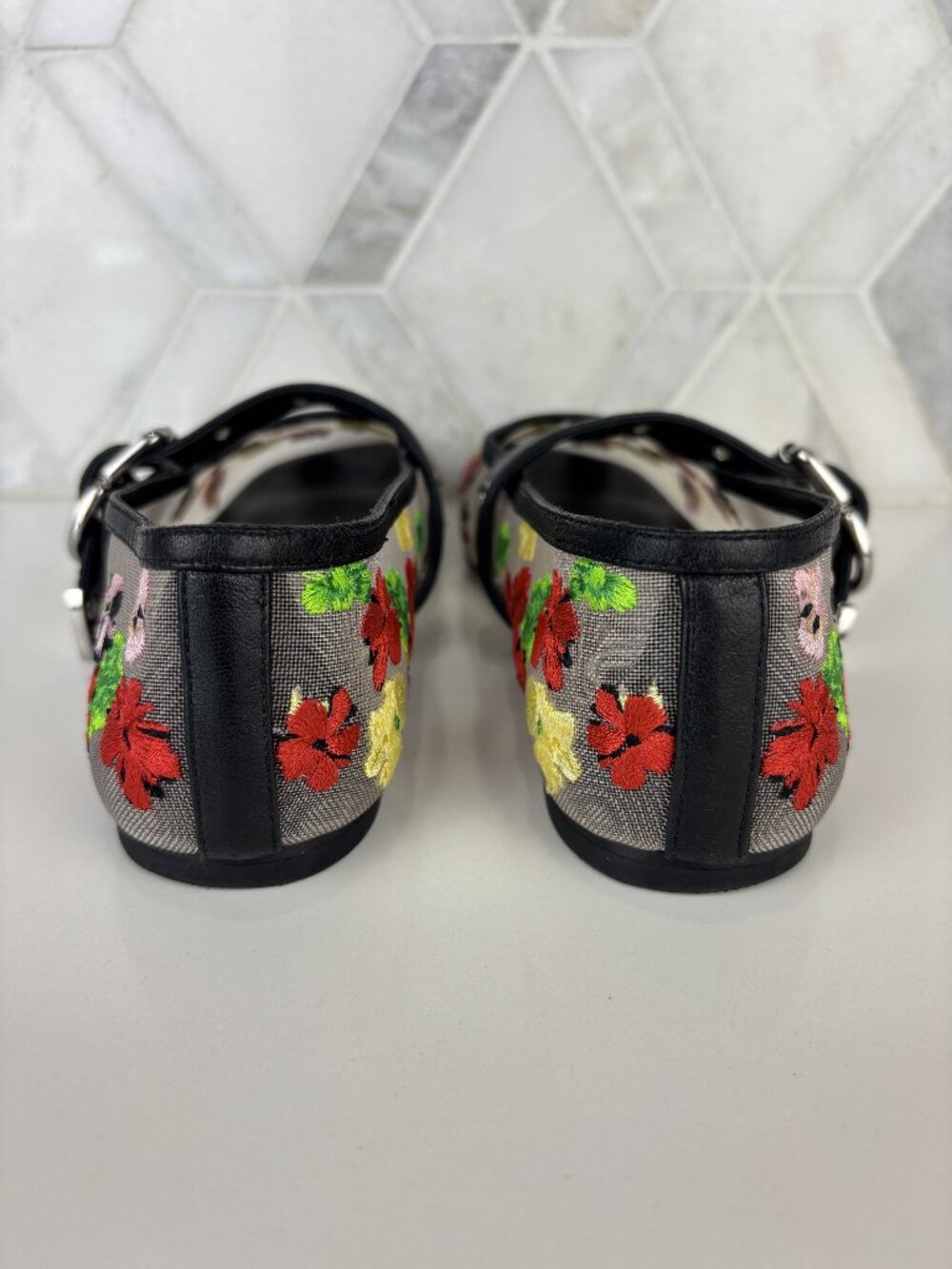 36 Phillip Lim ID Flowerworks Mesh Flat Embroidered Floral Square Toe Leather - Picture 7 of 13